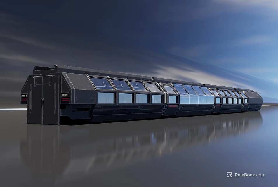 Futuristic Dark Colored Metro Train With Multiple Windows On Smooth Ground And Gradient Sky 3d model 