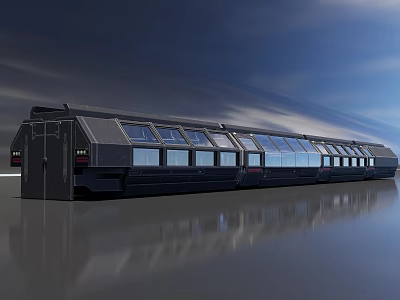 Futuristic Dark Colored Metro Train With Multiple Windows On Smooth Ground And Gradient Sky 3d model