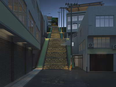 Narrow Street With Long Staircase Between Buildings Green Handrails At Night Wet Ground And Streetlights 3d model