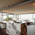 Open Concept Living Dining Room With Marble Island Pendant Lights Large Windows Sofa Area