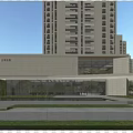 Modern Sales Office Building With Glass Curtain Wall Water Pool Lawn And High Rise Background