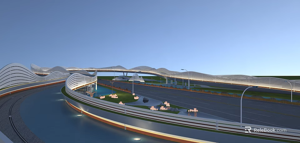 Modern Landscape Bridge With Curved Lines Waterfront Road Lighting And Greenery Seating Areas 3d model 