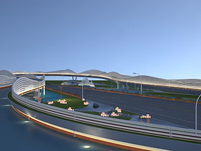Modern Landscape Bridge With Curved Lines Waterfront Road Lighting And Greenery Seating Areas 3d model