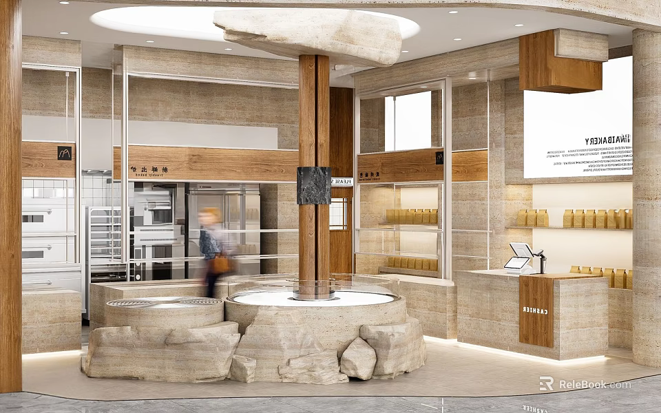 Modern Stylish Dessert Shop Interior Design With Glass Display Cases Stone Decor And Wooden Counter 3d model 