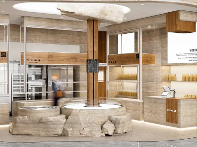 Modern Stylish Dessert Shop Interior Design With Glass Display Cases Stone Decor And Wooden Counter 3d model