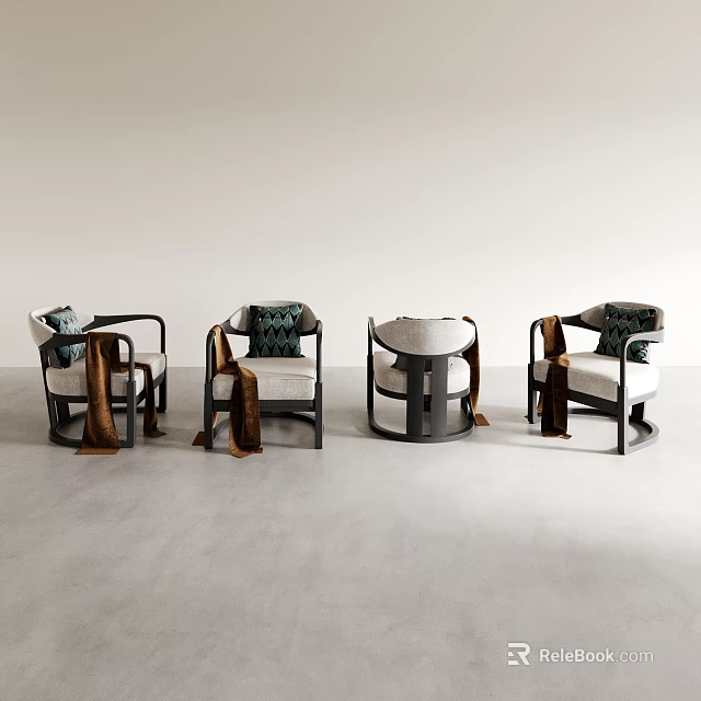 Set Of Four Stylish Armchairs With Cushions And Blankets In Minimalist Space 3d model 