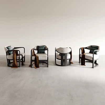 Set Of Four Stylish Armchairs With Cushions And Blankets In Minimalist Space 3d model