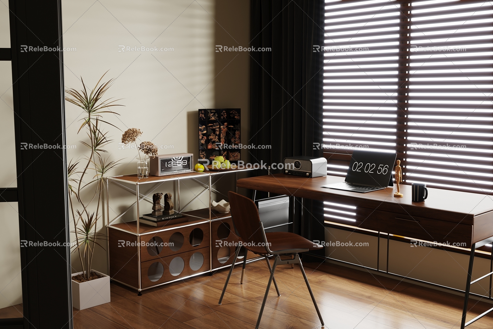 Middle-ancient walnut study desk bookshelf chest of drawers floor lamp wooden floor blinds 3d model