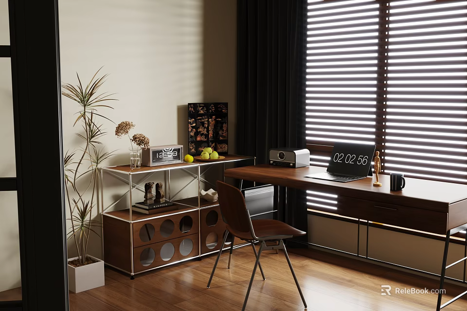 Modern Study Room Interior With Wooden Desk Laptop Bookshelf Potted Plant And Window Blinds 3d model 