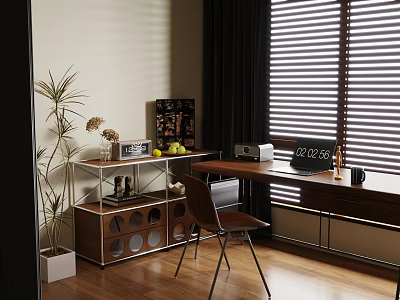 Modern Study Room Interior With Wooden Desk Laptop Bookshelf Potted Plant And Window Blinds 3d model