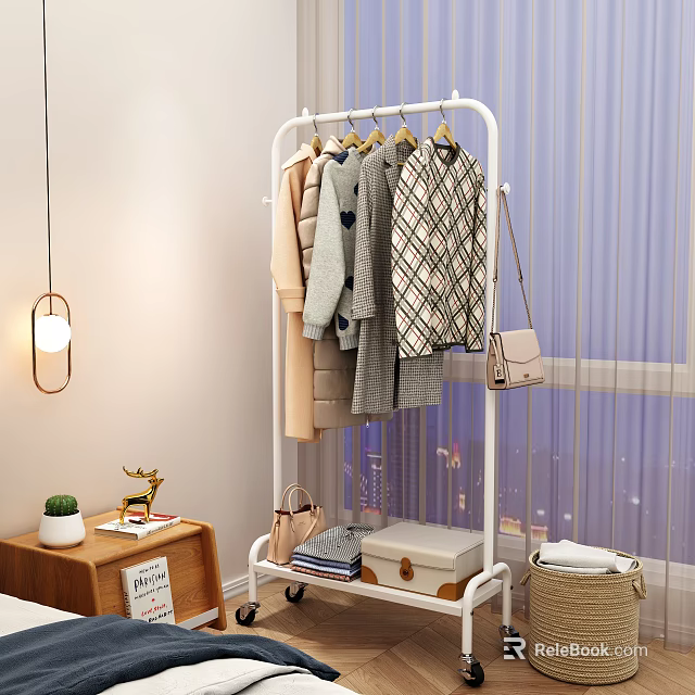 Modern White Clothes Rack With Hanging Clothes Handbag And Storage Boxes In Cozy Room 3d model 