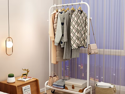 Modern White Clothes Rack With Hanging Clothes Handbag And Storage Boxes In Cozy Room 3d model