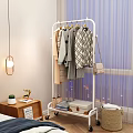 Modern White Clothes Rack With Hanging Clothes Handbag And Storage Boxes In Cozy Room