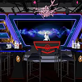 Modern Bar Interior With Neon Lights Stage Bar Counter Purple Seats And Blue Lighting