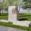 Scenic Garden Landscape with Stone Inscriptions Trees Green Grass and Water View
