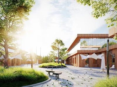 Modern Commercial Street With Sunlight Wooden Architecture Glass Facade Green Trees And Outdoor Seating 3d model