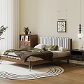 Wooden Double Bed with Striped Headboard Metal Legs Brown Blanket Green Pillows Nightstand and Rug