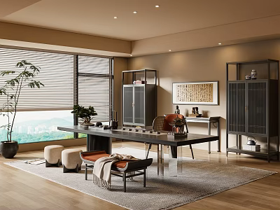 Modern Open Tea Room with Wooden Flooring Large Windows Blinds Green Plants and Long Table 3d model