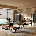 Modern Open Tea Room with Wooden Flooring Large Windows Blinds Green Plants and Long Table