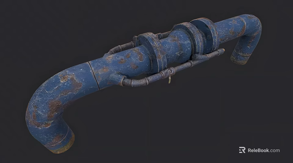 Rusty Blue Industrial Equipment Pipe With Flange Connections And Metal Fittings 3d model 