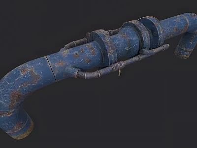 Rusty Blue Industrial Equipment Pipe With Flange Connections And Metal Fittings 3d model