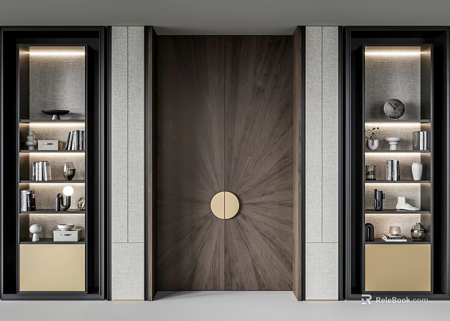 Luxurious Dark Brown Wooden Double Doors With Circular Accent And Illuminated Side Display Shelves 3d model 