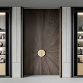 Luxurious Dark Brown Wooden Double Doors With Circular Accent And Illuminated Side Display Shelves