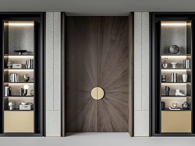 Luxurious Dark Brown Wooden Double Doors With Circular Accent And Illuminated Side Display Shelves 3d model