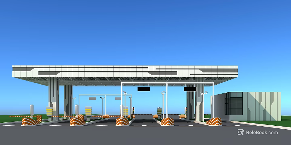 Modern Toll Plaza With Multiple Lanes Canopy Structure And Barrier Gates 3d model