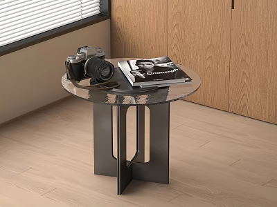 Modern Round Glass Top Side Table With Black Metal Frame Camera And Magazine 3d model
