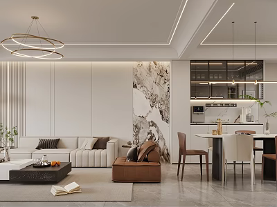 Modern Living and Dining Room Interior With Sofa Coffee Table Dining Chairs And Wall Art 3d model