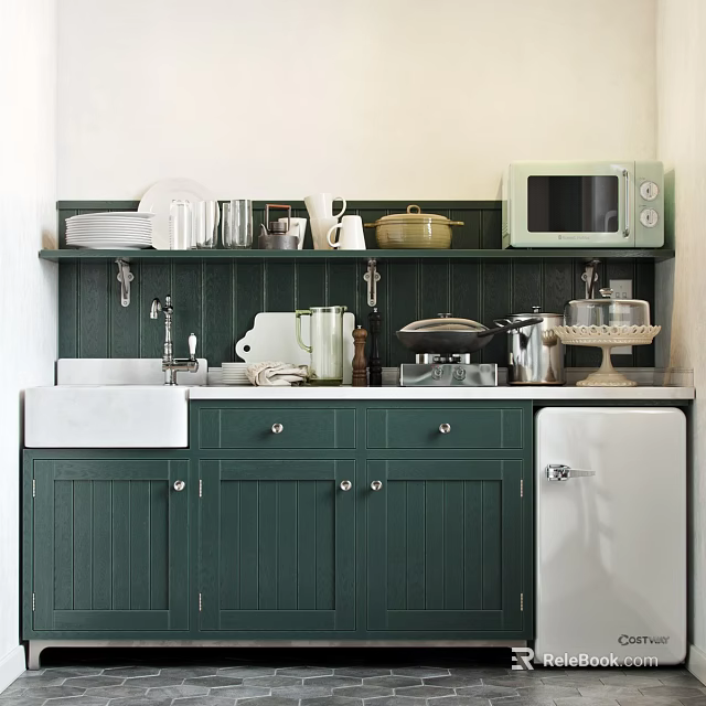 Green Kitchen Cabinets With White Sink Upper Shelf Microwave And Kitchenware 3d model 