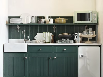 Green Kitchen Cabinets With White Sink Upper Shelf Microwave And Kitchenware 3d model