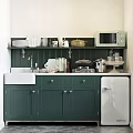 Green Kitchen Cabinets With White Sink Upper Shelf Microwave And Kitchenware 3d model