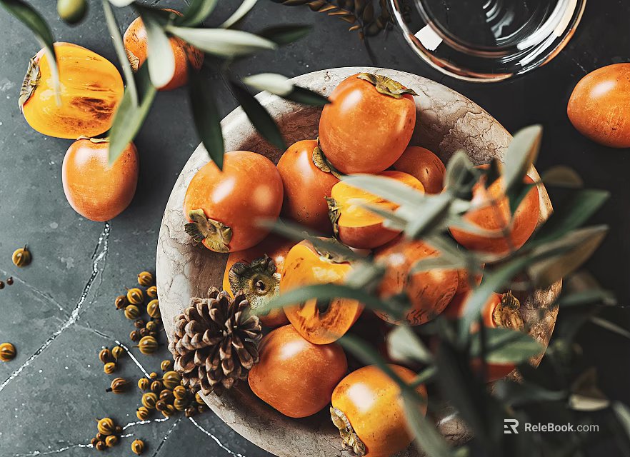 Fresh Persimmons In a Bowl With Olive Branches Pine Cones and Berries On Dark Countertop 3d model 