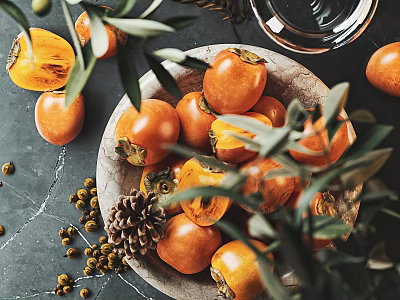 Fresh Persimmons In a Bowl With Olive Branches Pine Cones and Berries On Dark Countertop 3d model
