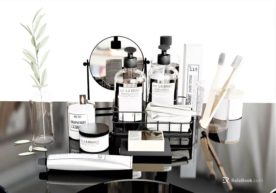 Stylish Bathroom Accessories on Vanity Counter with Mirror Bottles Toothbrushes Toothpaste and Plant 3d model 