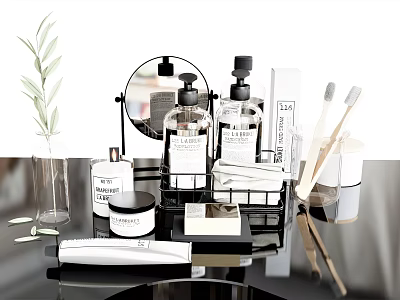 Stylish Bathroom Accessories on Vanity Counter with Mirror Bottles Toothbrushes Toothpaste and Plant 3d model