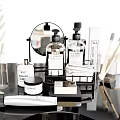 Stylish Bathroom Accessories on Vanity Counter with Mirror Bottles Toothbrushes Toothpaste and Plant