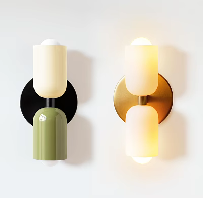 Modern Wall Lamps With Black Gold Bases And Green White Cylindrical Shades 3d model