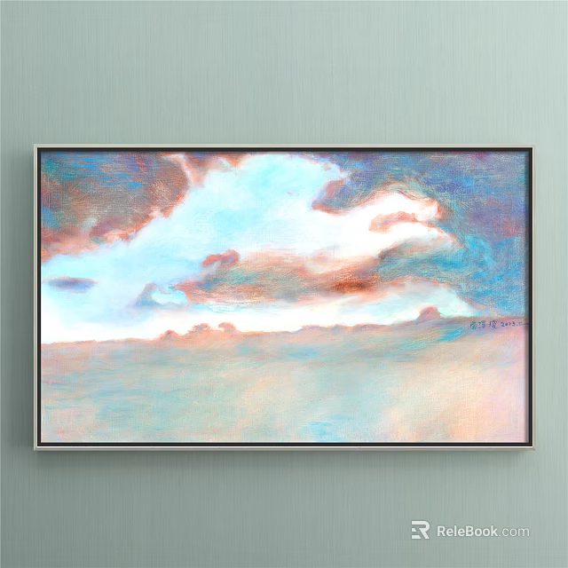 Abstract Art Painting On Wall With Soft Sky Clouds And Horizon View 3d model 