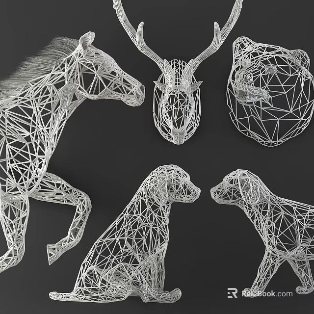 Modern Minimalist Animal Wall Decor With Geometric Line Horse Deer Bear Dog Sculptures 3d model 