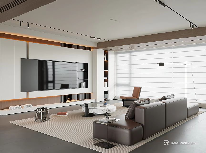 Modern Living Room Interior With Gray Sofa TV Wall And Floor To Ceiling Windows 3d model 