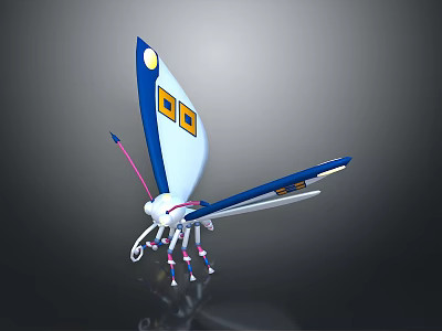 Blue and White Cartoon Butterfly with Yellow Squares on Wings Long Antennae and Multiple Legs 3d model