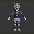 3D Animated Game Character With Gray Fur Blue Vest And White Scarf