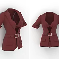 Maroon Short Sleeve Belted Jacket With Pockets Front And Back View 3d model