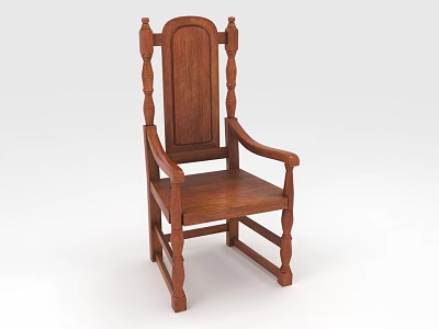 Vintage Wooden Single Chair With Carved Armrests And Panel Back Design 3d model