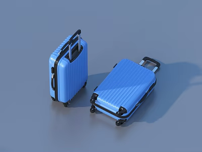 Two Blue Suitcases Standing And Lying Flat With Black Handles And Rolling Wheels 3d model