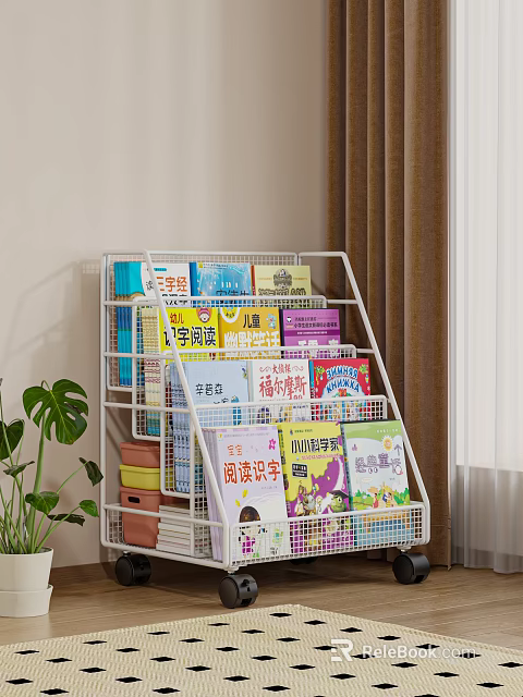 White Multi Shelf Bookshelf Filled With Colorful Children's Reading Books And Indoor Plant 3d model 