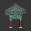 Traditional Chinese Architectural Gateway With Green Tiled Roof Red Pillars And Ornate Carvings